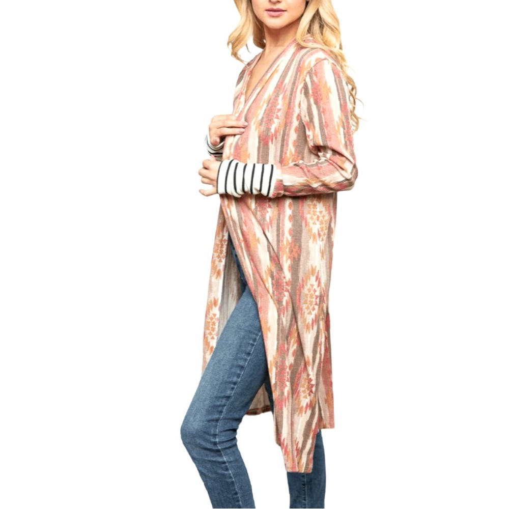 7th Ray Aztec Printed Stripe Sleeve Open Cardigan